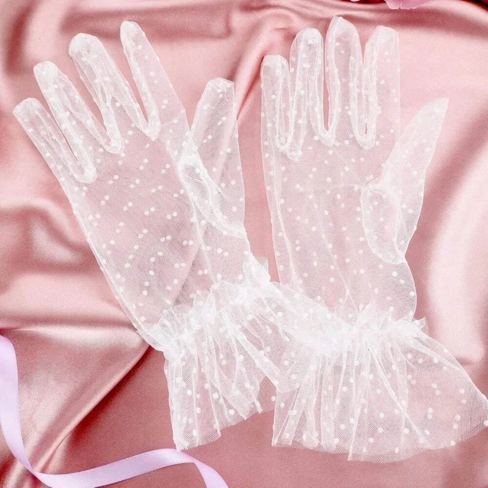 Women's Evening White Elegant Polka Dot Mitten Lace Gloves Party Tea Accessories